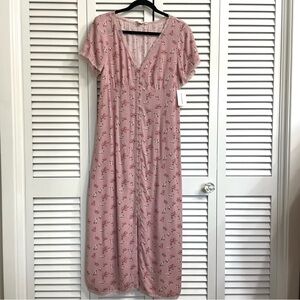 NWT LUCKY BRAND Cottagecore Lace-Up Back Pink Floral Button-Front Midi Dress S